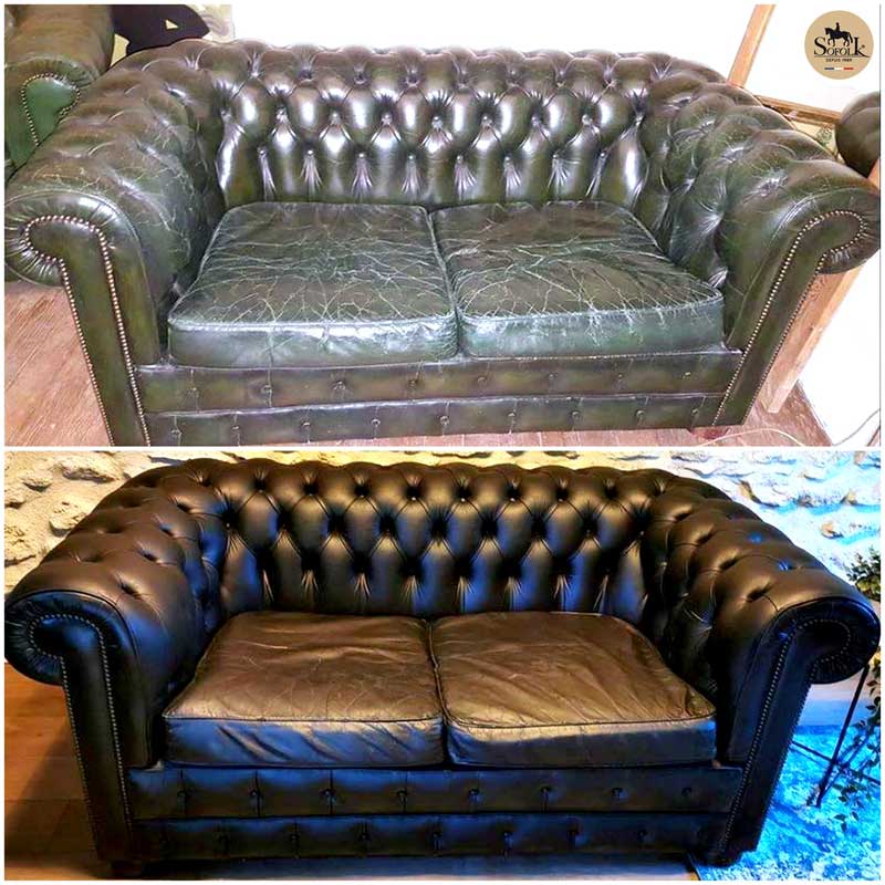 Rénovation d'un canapé en cuir abîmé avec coloration et